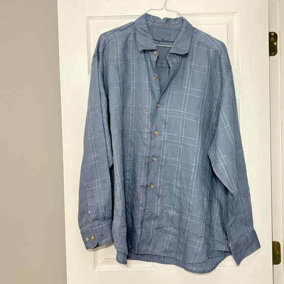 Tommy Bahama Linen Shirt Mens XXL Blue Plaid Long Sleeve Button Up - Picture 1 of 3